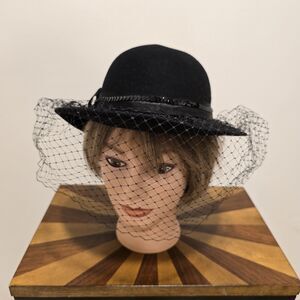 True Vintage Lancaster Black Wool Felt Hat Face Netting USA Black Sequin Classy